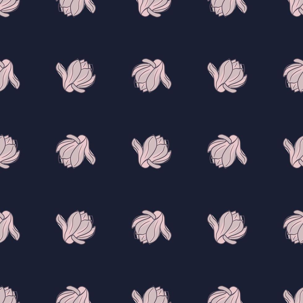 enkel stil mörkt sömlöst naturmönster med ljus lila magnolia blommor former. marinblå bakgrund. vektor