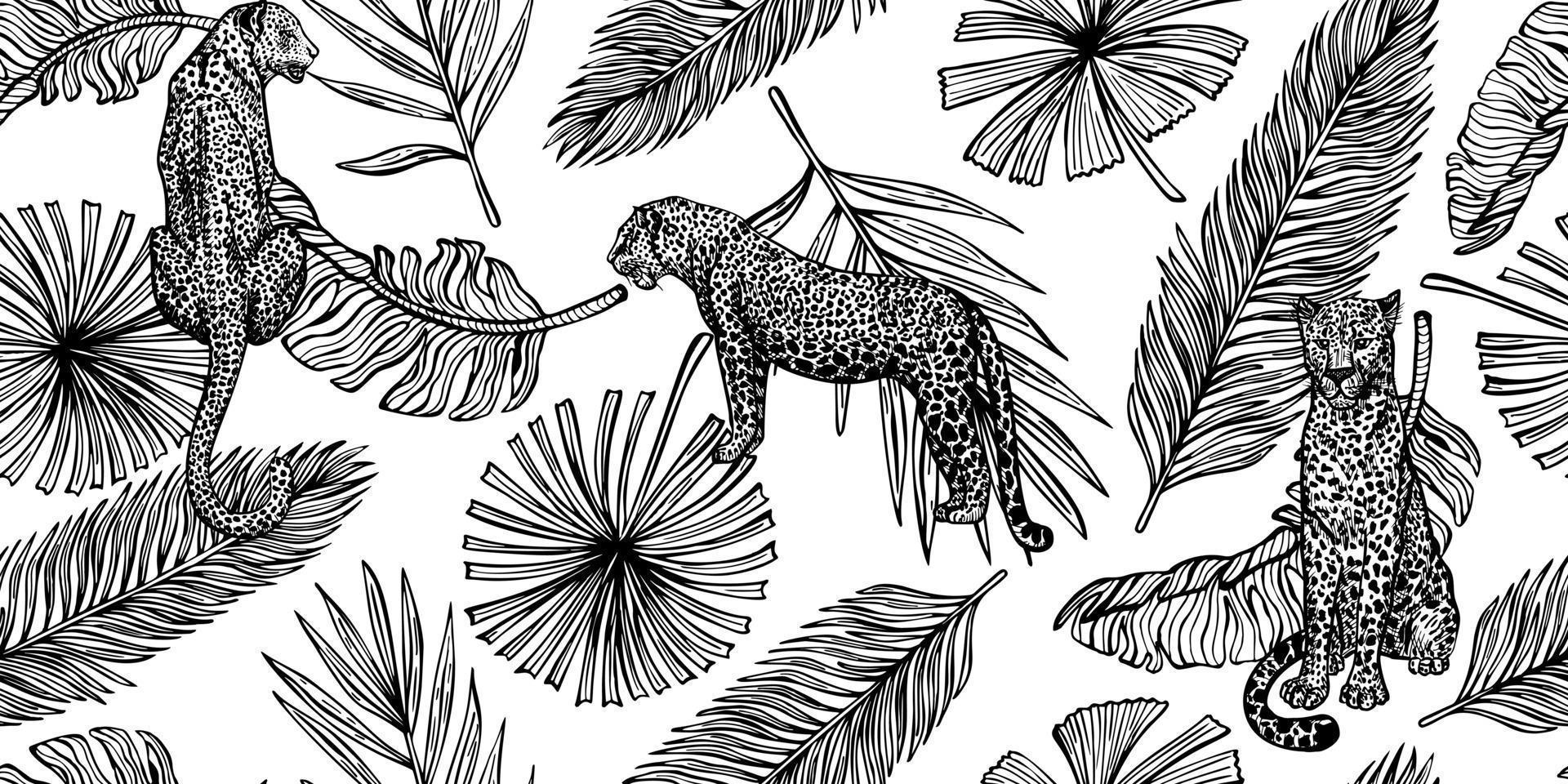 savanna vilda sömlösa mönster. vintage leopard och blad av palm, banan i gravyr stil. vektor