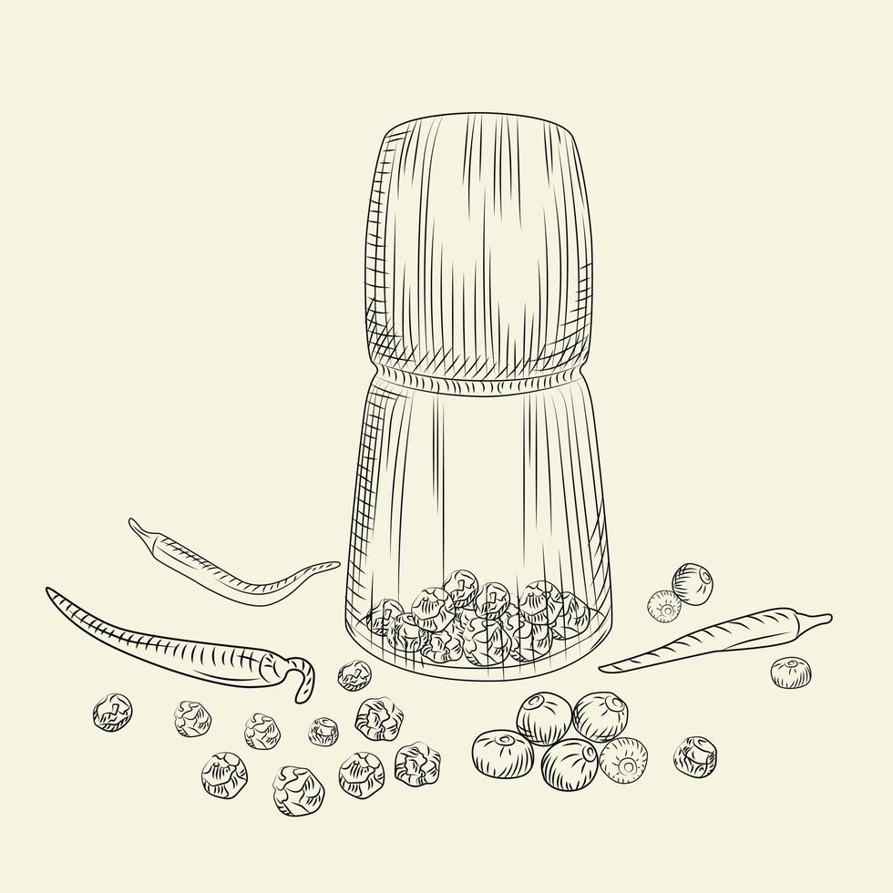 pepparkorn kvarn koncept. peppar set. kvarn kryddor och livsmedelsingredienser. vektor