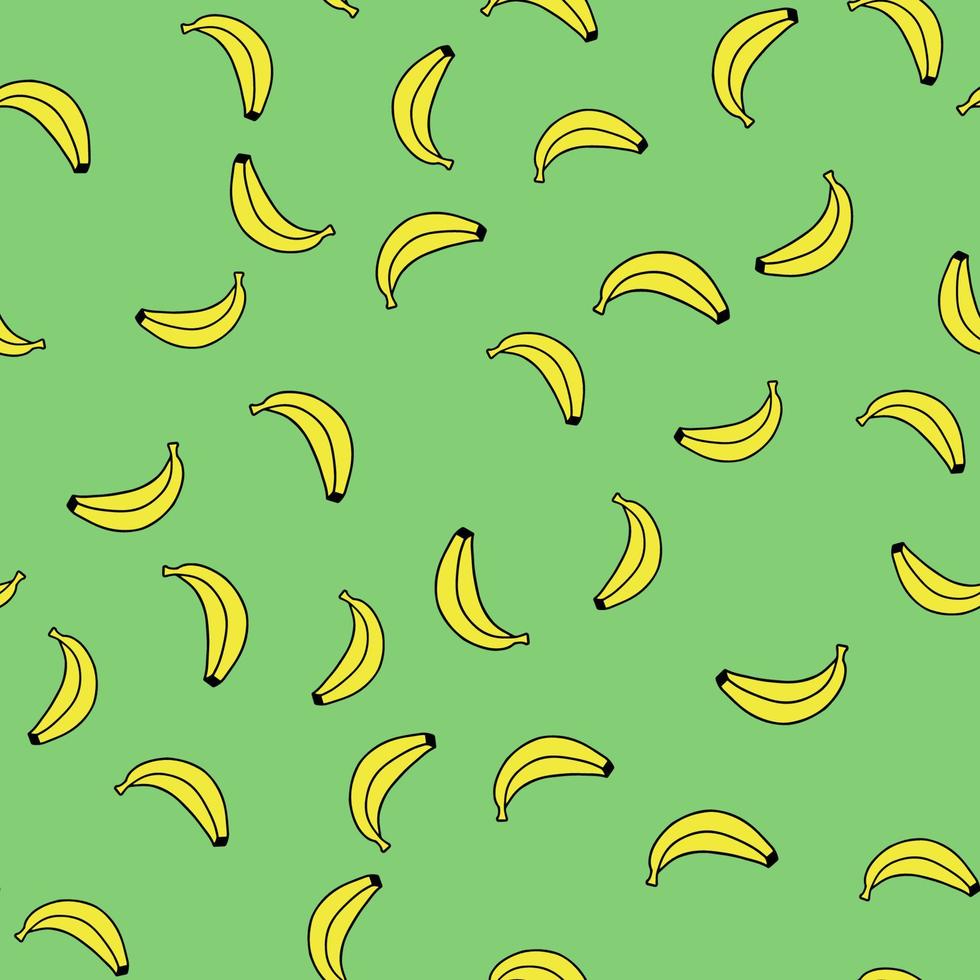 Nahtloses Muster mit Bananen auf grünem Hintergrund. Kritzeleien, handgezeichnete Zeichnung. Kindertextilien. süße Kinderzeichnung. Vektor