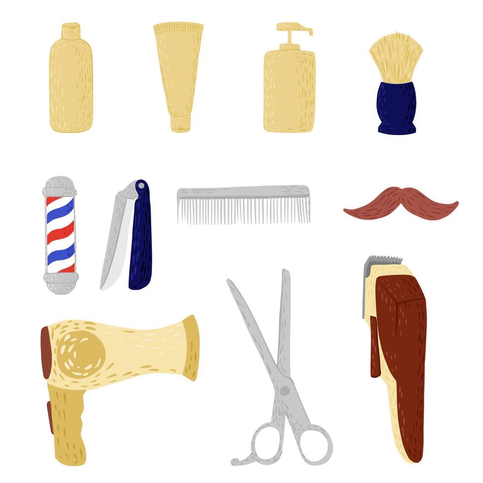 Set Friseursalon auf weißem Hintergrund. abstrakte ausrüstung für haarschnittschnurrbart, rasiermesser, messer, elektrorasierer, bürste, schere, flasche, fächer in gekritzel. vektor