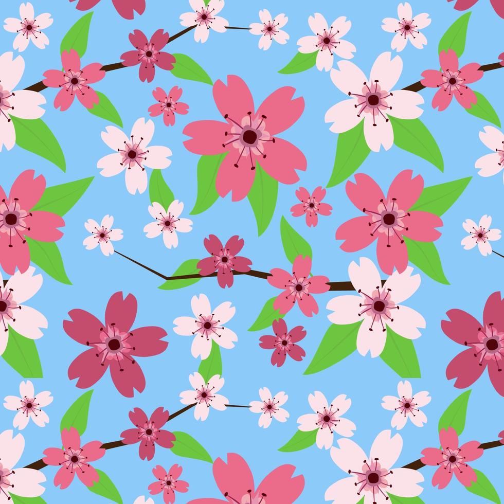 nahtlose Muster süße Sakura-Blume und Blätter handgezeichnete Vektorgrafiken vektor