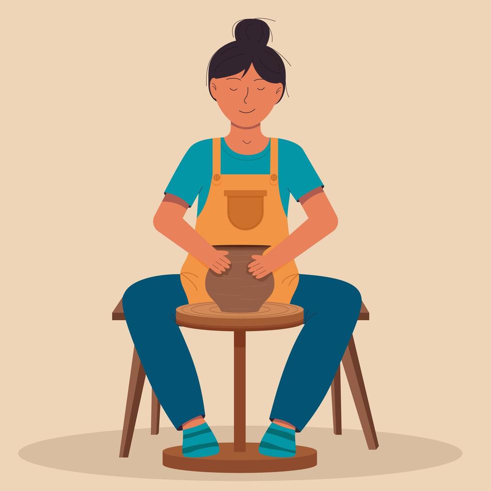 kvinna som gör keramik på ett keramikhjul. keramikverkstad, keramikhobby. keramisk hantverksmästare. keramiska köksartiklar. söta handgjorda keramiska tallrikar, muggar, sockerskål, tekannor, fat. vektor