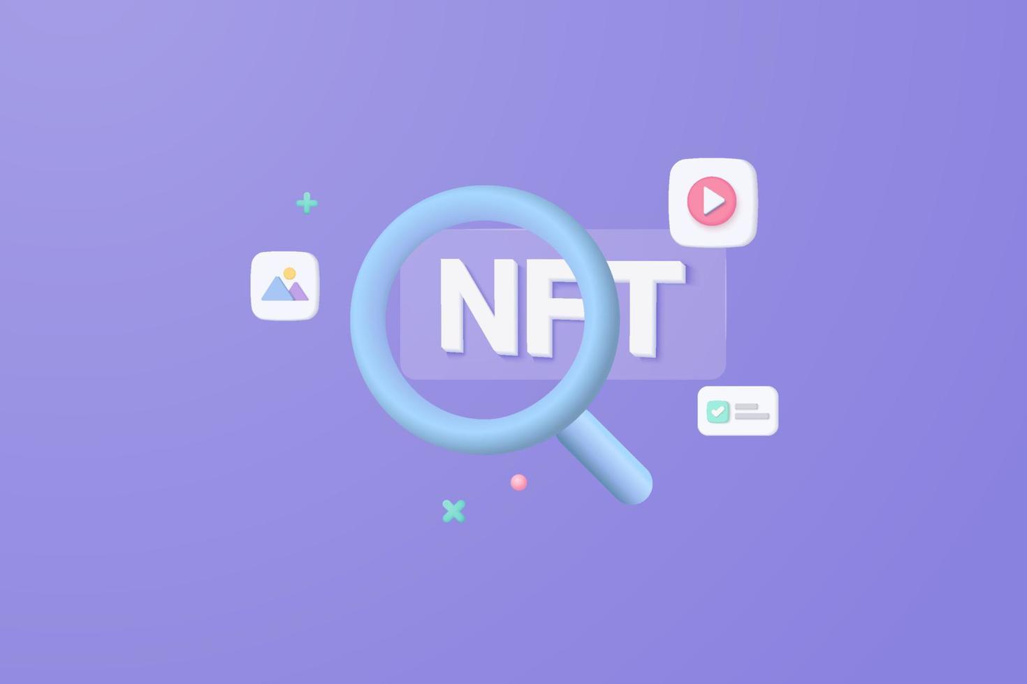 3D-Konzept der Verwaltung von Mediendateien. Suchen von Bild- und Videodateien in der NFT-Datenbank. dokumentenverwaltung soft, dokumentenfluss-app, konzept für zusammengesetzte dokumente. 3D-Vektor-Rendering zur Vergrößerung von nft vektor