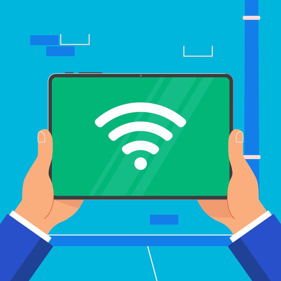 händer som håller svart surfplatta framför röd vägg. pad tablett i människans händer med wifi signal ikon tecken symbol på skärmen platt design vektorillustration. vektor