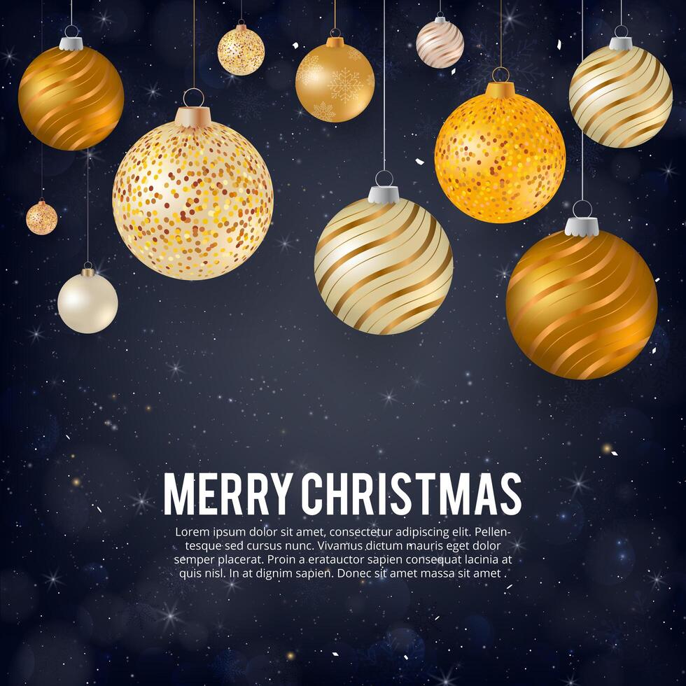 Vektor illustration av god jul guld och svarta färger plats för text, guld julbollar, guld glitter baubles och konfetti