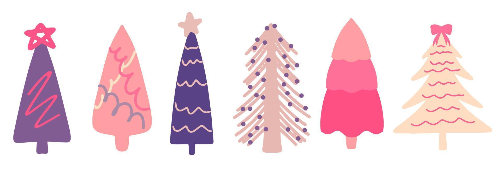 samling av julgranar och granar, modern platt design. en uppsättning ovanliga färgade julgranar. rosa, lila, beige. för tryckta produkter - broschyrer, affischer, visitkort eller för webben. vektor