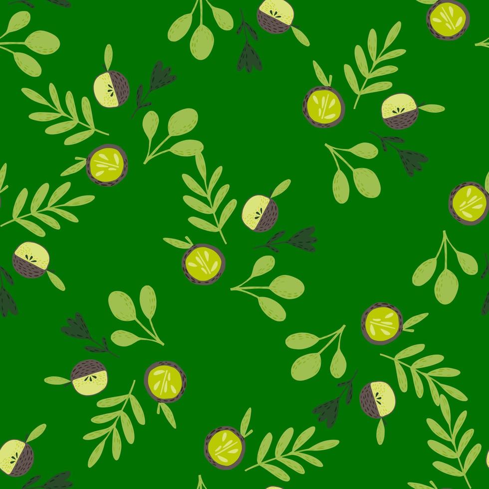 florales nahtloses muster mit botanischen blättern und apfeldruck. hellgrüner Hintergrund. vektor