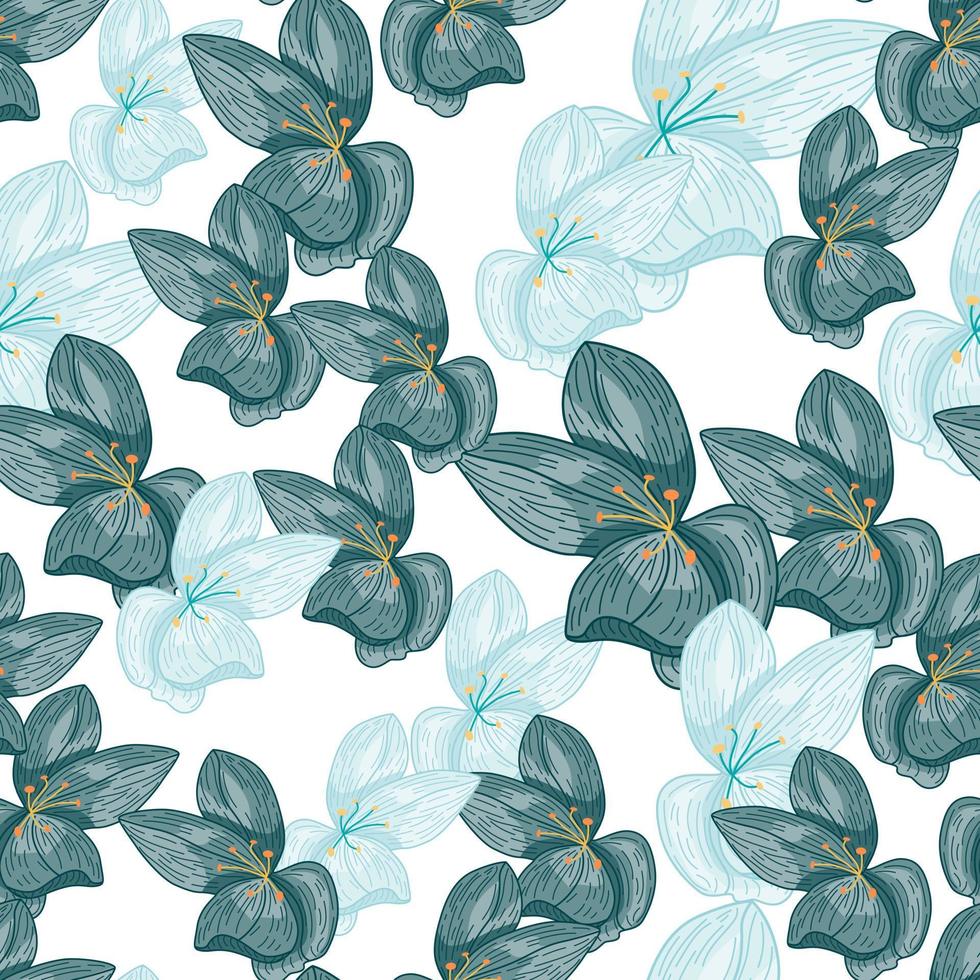 isoliertes nahtloses muster mit zufälliger blauer orchideenblumenverzierung. weißer Hintergrund. Sammelalbum drucken. vektor