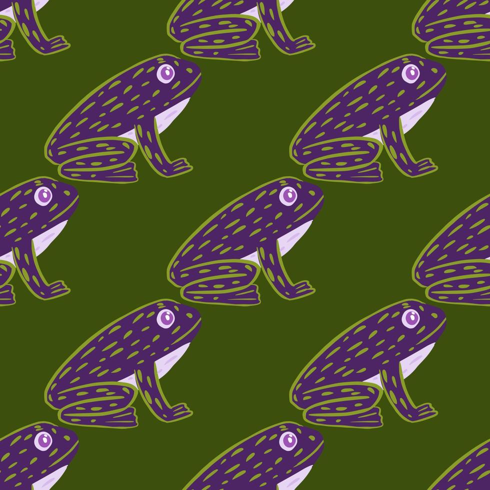 abstrakt sömlös doodle mönster med zoo marina lila groda silhuetter konstverk. grön bakgrund. vektor