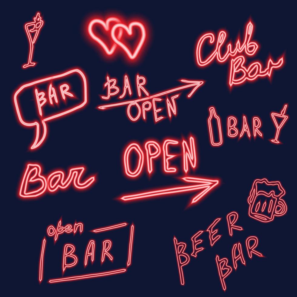 Reihe von roten Neon-Bar-Schildern. Vektor-Illustration vektor