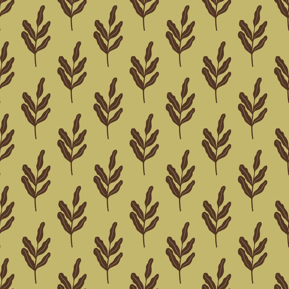 Braune Blätter verzweigen sich nahtloses Doodle-Muster im einfachen Stil. heller olivgrüner Hintergrund. vektor
