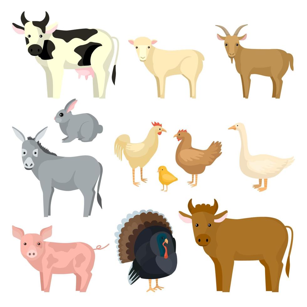 Set Nutztiere isoliert auf weißem Hintergrund. verschiedene Tierarten, Kuh, Stier, Schaf, Ziege, Kaninchen, Esel, Schwein, Henne, Ente, Hahn, Küken, Truthahn. vektor