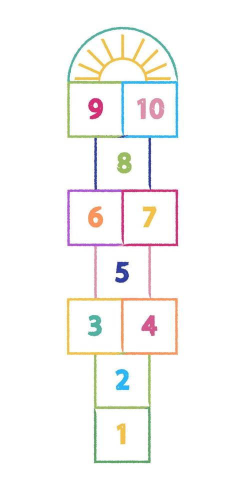 hopscotch kid aktivitet spel isolerad på vit bakgrund. design barn spel ritade färgade kritor där leka utanför. vektor