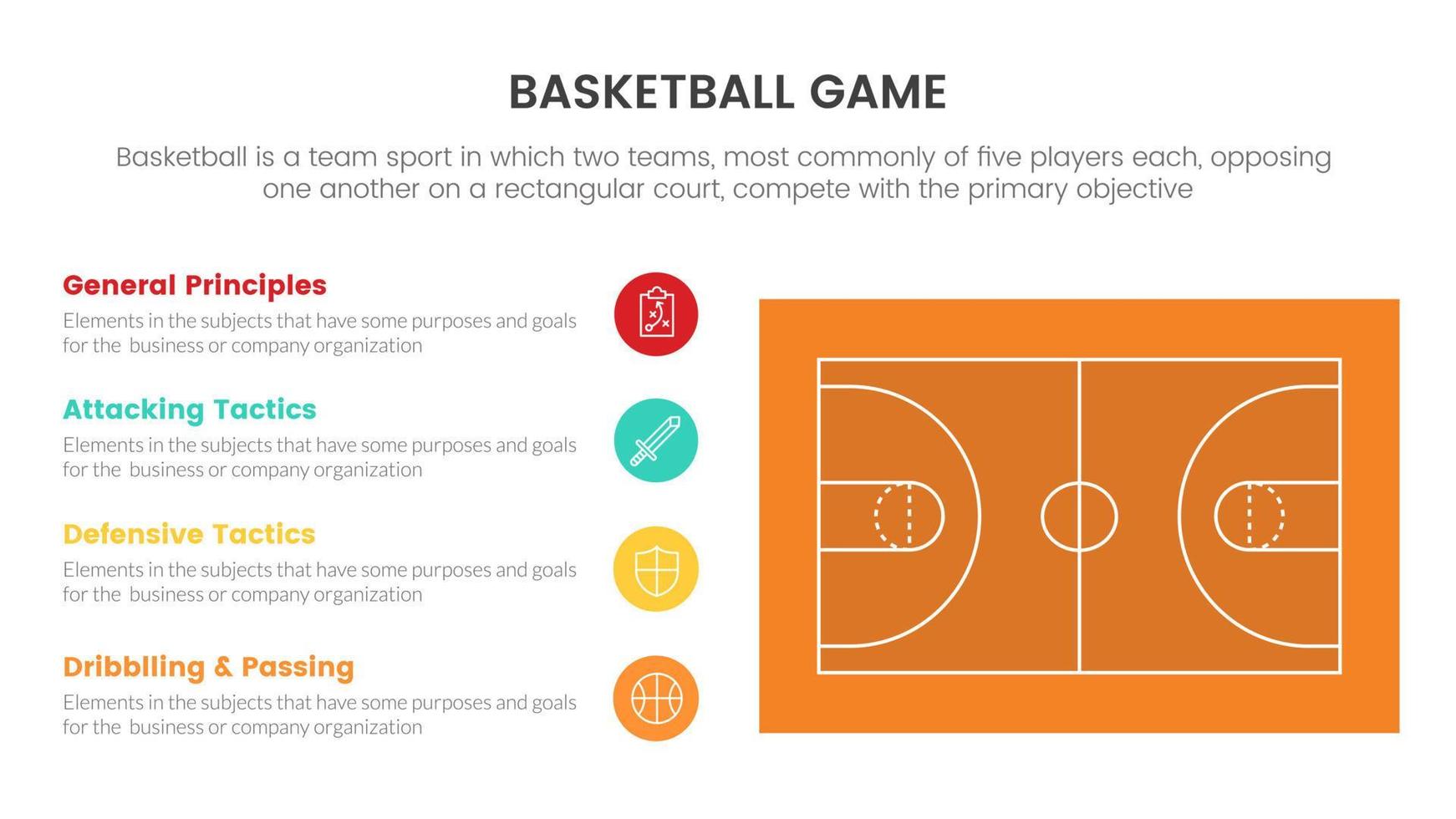 Basketballfeld-Infografik-Konzept für Folienpräsentation mit 4-Punkte-Liste vektor