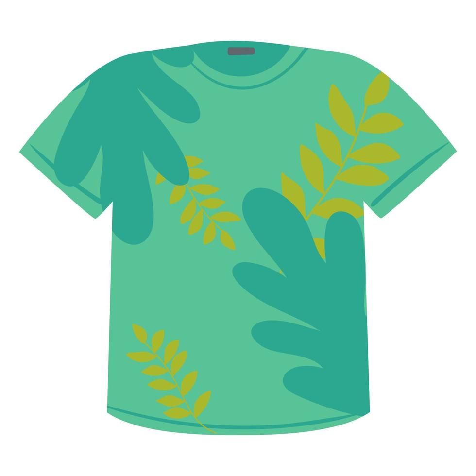 von T-Shirt-Design-Vorlage. Vorderansicht. lässiges T-Shirt mit süßem Blumenprint mit Blättern. grün, isoliert auf weiß, handzeichnung, flache karikatur vektor