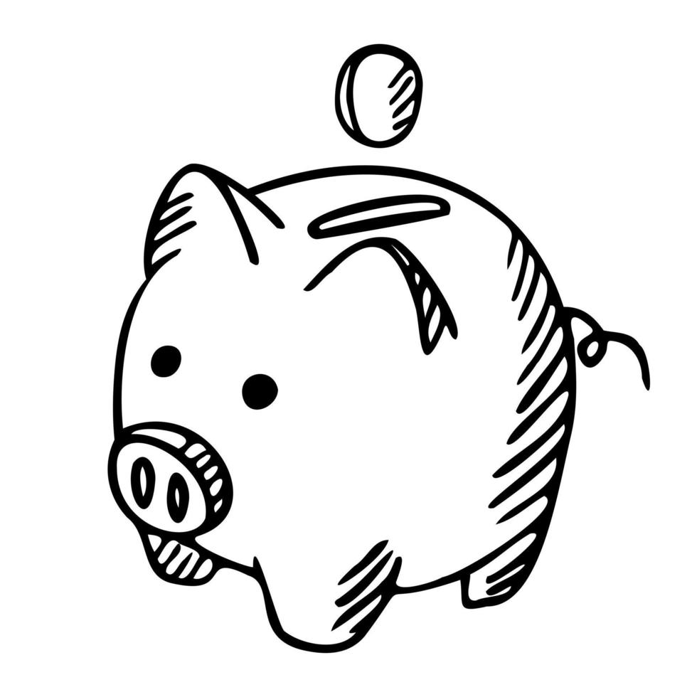 Sparschwein isoliert auf weißem Hintergrund. Box für sichere Ersparnisse, Münzen, Bargeld, Gold. Geldschwein im Doodle-Stil. vektor