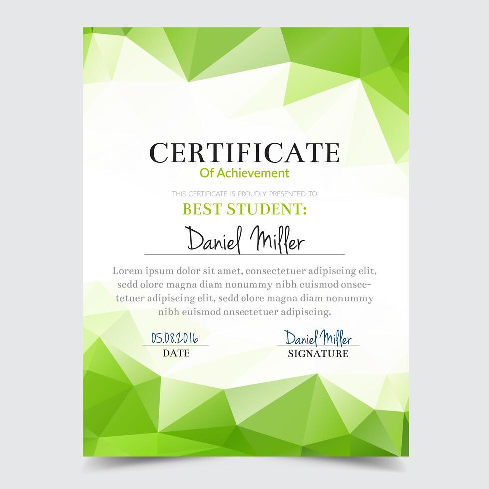 Zertifikatschablone mit grünem geometrischem elegantem Design, Diplomdesignstaffelung, Preis, Erfolg. vektor