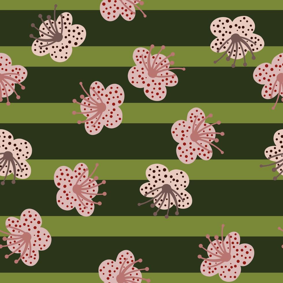 sömlösa mönster vårväxter på grön randig bakgrund. vektor blommig mall i doodle stil med blommor.