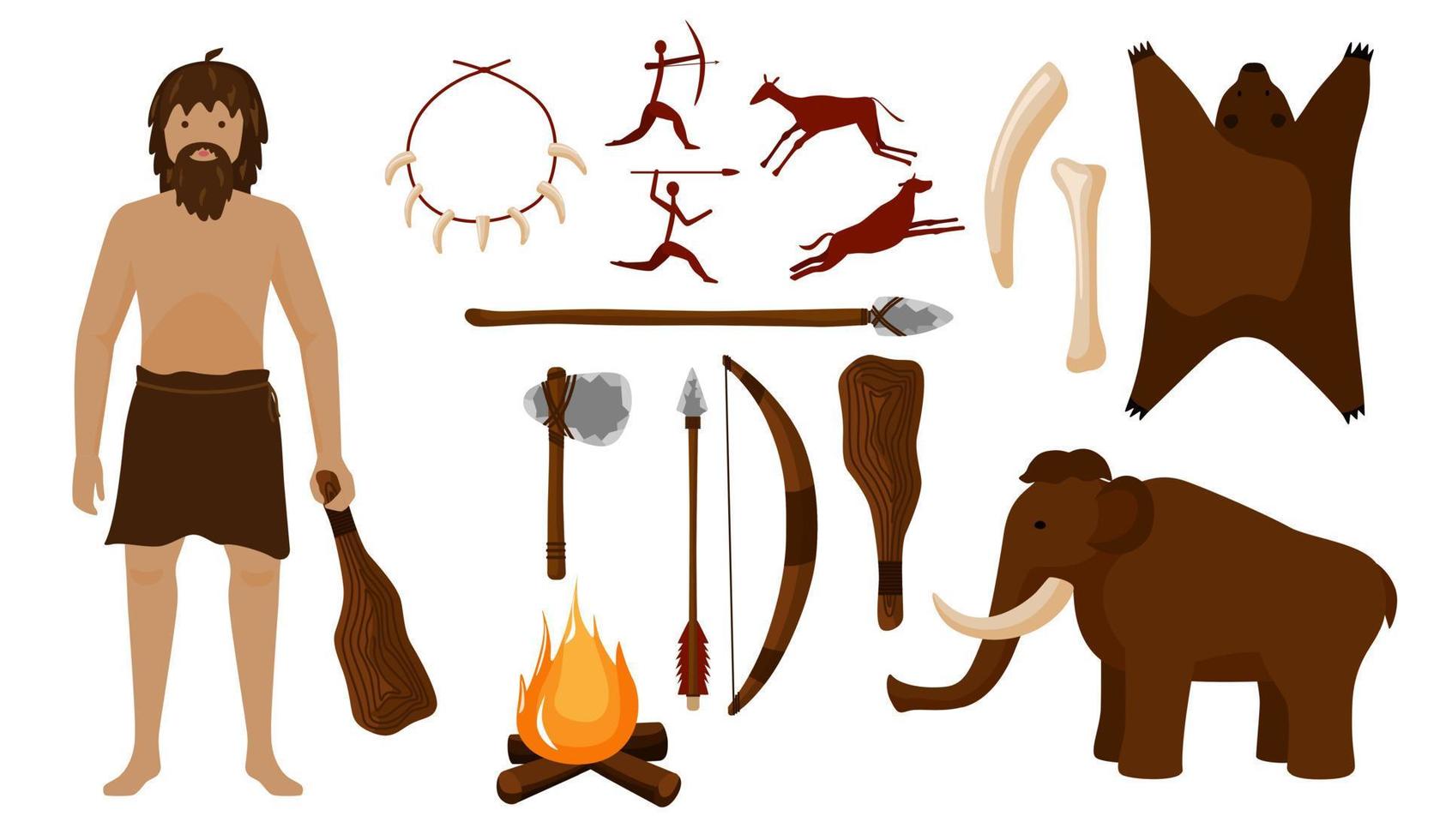 Neandertaler setzen. Verschiedene Werkzeuge für Höhlenmenschen Hammer, Axt, Speer, Bogen, Pfeil, Stock, Halskette, Knochen, Lagerfeuer, Tier, Mammut. vektor