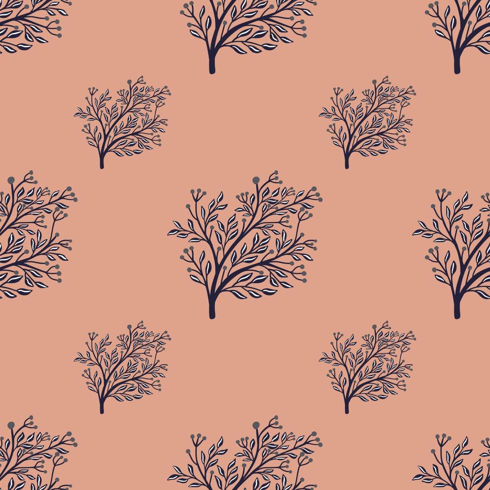 marinblå skog träd silhuetter sömlösa doodle mönster. rosa bakgrund. blommig minimalistisk stil bakgrund. vektor