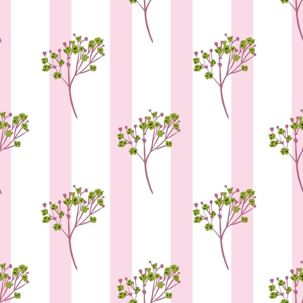 dekoratives nahtloses muster mit handgezeichneten gypsophila-blumenelementen. rosa und weiß gestreifter Hintergrund. vektor