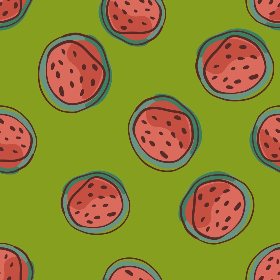 slumpmässiga röda vattenmelon skivor sömlösa doodle mönster. grön bakgrund. röda bär clices bakgrund. vektor