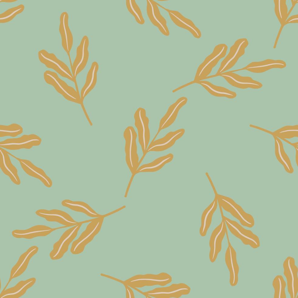 blasse Töne florales nahtloses Muster mit zufälligen Laubblättern orange Silhouetten. Türkisfarbener Hintergrund. vektor