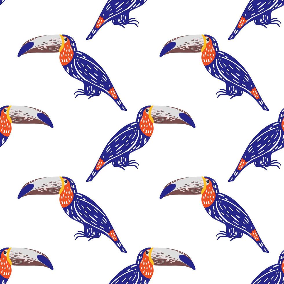isoliertes nahtloses muster der karikatur mit hellen marineblauen tukanformen. weißer Hintergrund. vektor
