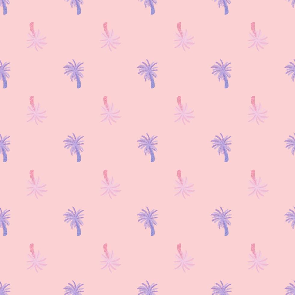 dekoratives nahtloses muster mit lila pastellfarbenen palmen-sute-silhouetten. hellrosa Hintergrund. vektor