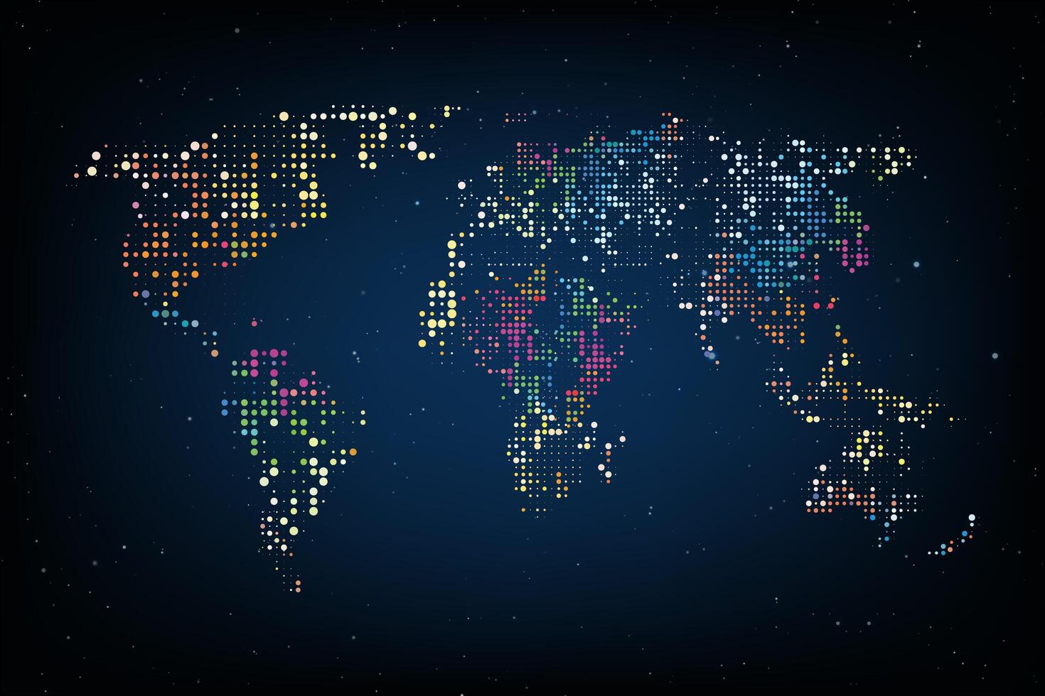 Dotted World map. Abstrakt datorteknik Världskarta av färgstarka runda prickar. Vektor illustration.