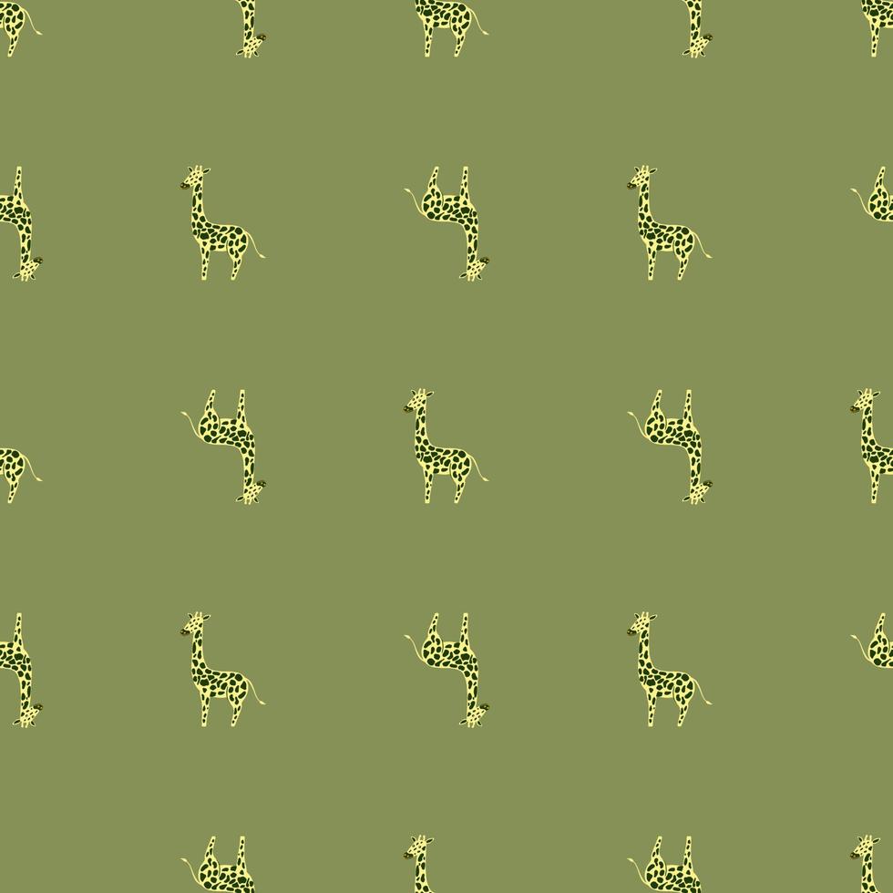 lustiges, nahtloses Kindermuster mit einfachen Giraffensilhouetten. grüner Olivenhintergrund. einfaches Design. vektor