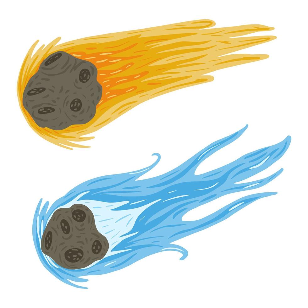 set kometfluga på vit bakgrund. meteor gul och blå färg i doodle. vektor