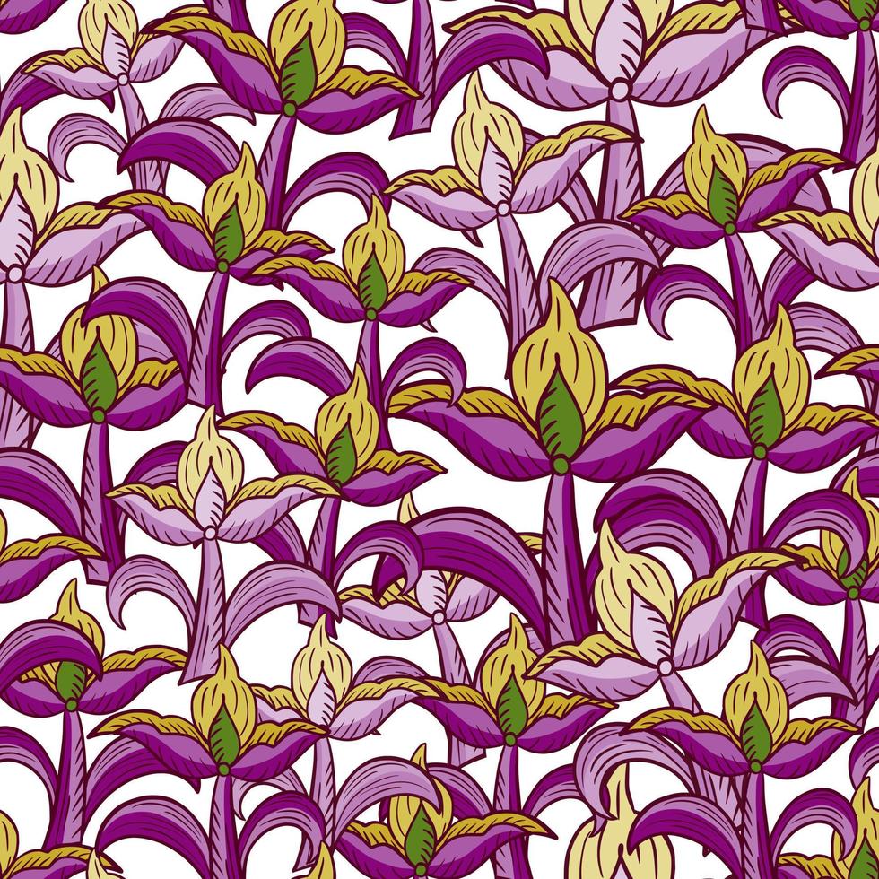 lila und gelb gefärbte Tulpenblumen formen nahtloses Muster. isolierter dekorativer Druck. weißer Hintergrund. vektor