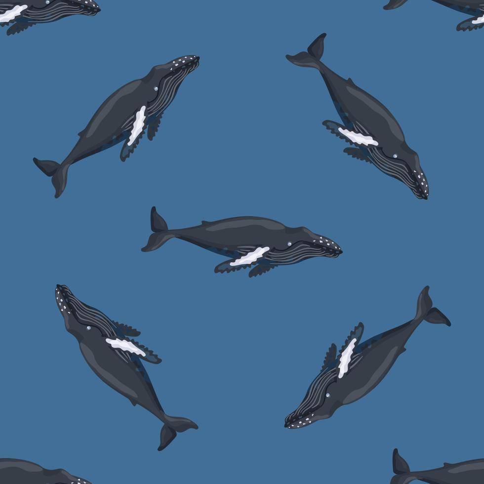 nahtlose Muster Buckelwal auf blauem Hintergrund. vorlage der zeichentrickfigur des ozeans für kinder. vektor