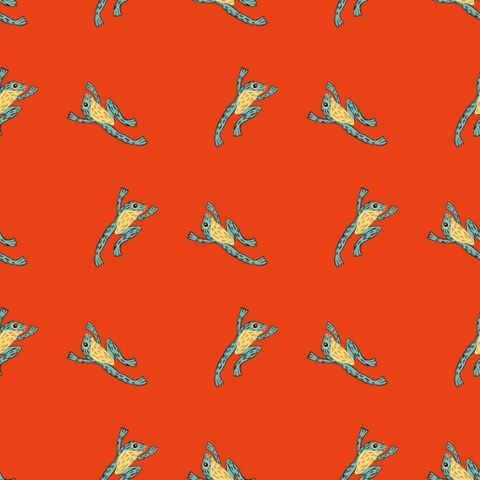ljusa sömlösa abstrakta zoo mönster med blå och gula färgade groda former. orange ljus bakgrund. vektor