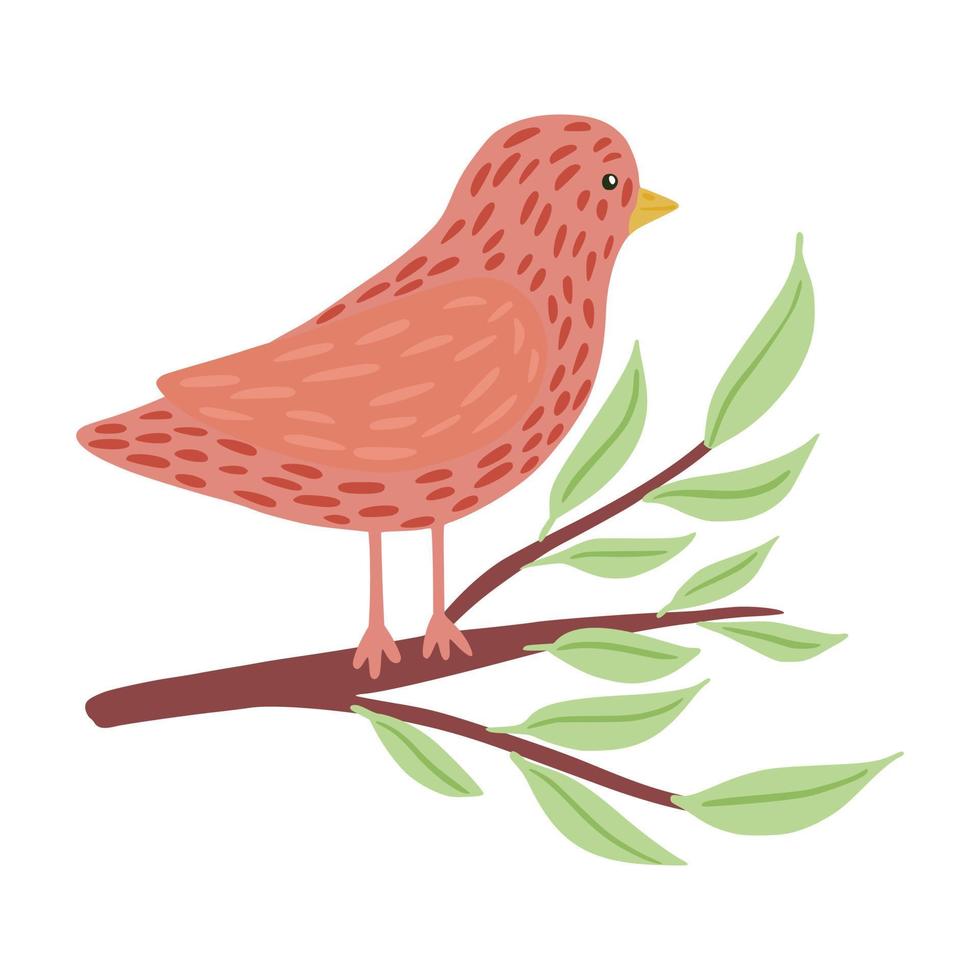 fågel sitter på kvist isolerad på vit bakgrund. söt enkel karaktär rosa färg på pinne med bladverk i doodle stil. vektor