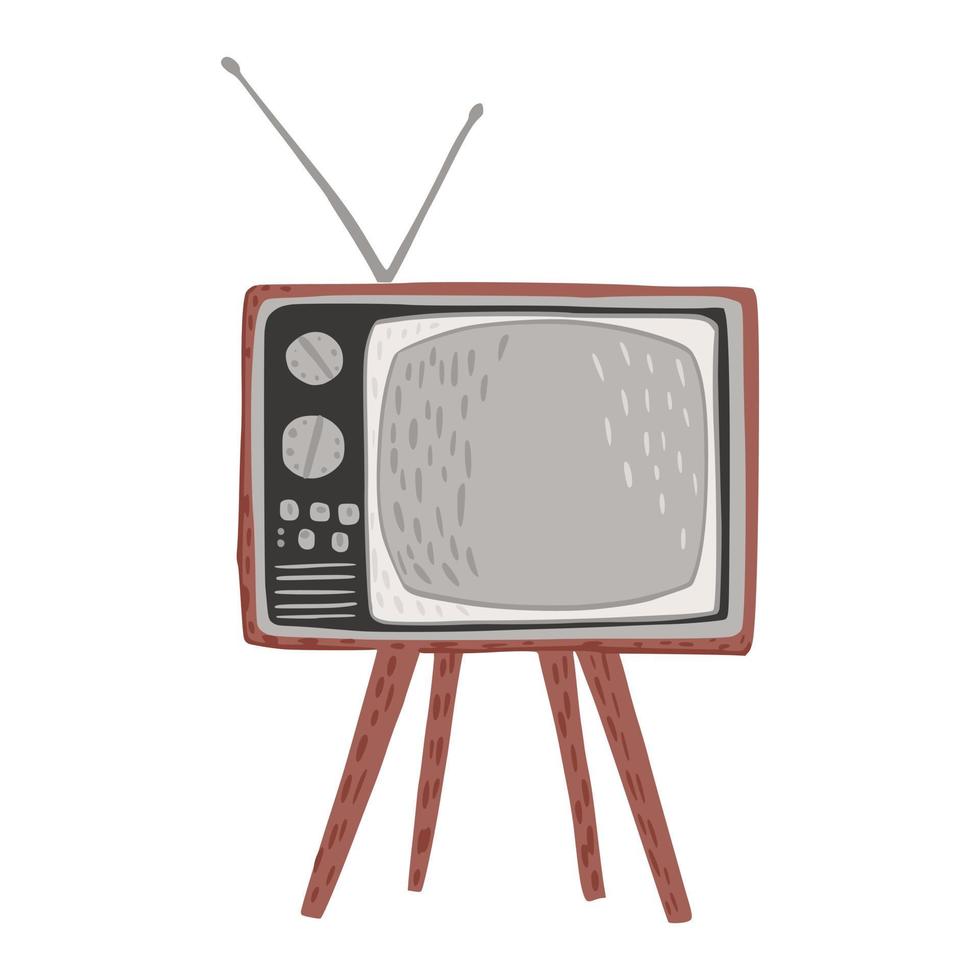 kort retro-tv isolerad på vit bakgrund. vintage tv med antenn grå och brun färg handritad i stil doodle. vektor