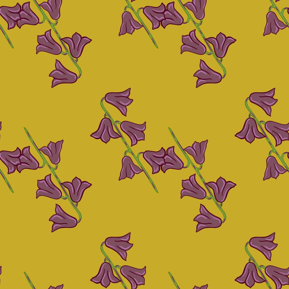 handritad sömlösa mönster med lila diagonala klocka blommor former. gul blek bakgrund. enkel stil. vektor