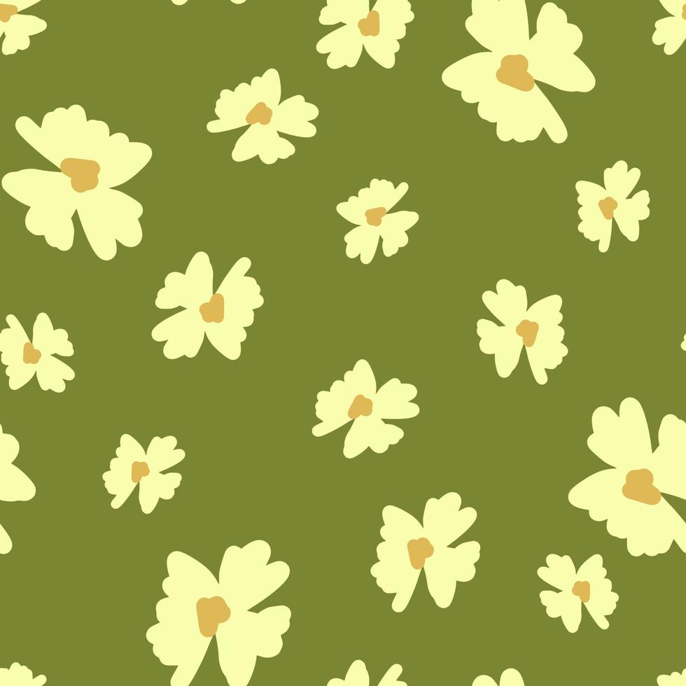 abstrakt sömlösa mönster med botanik blommor slumpmässig gul prydnad. grön oliv bakgrund. vektor