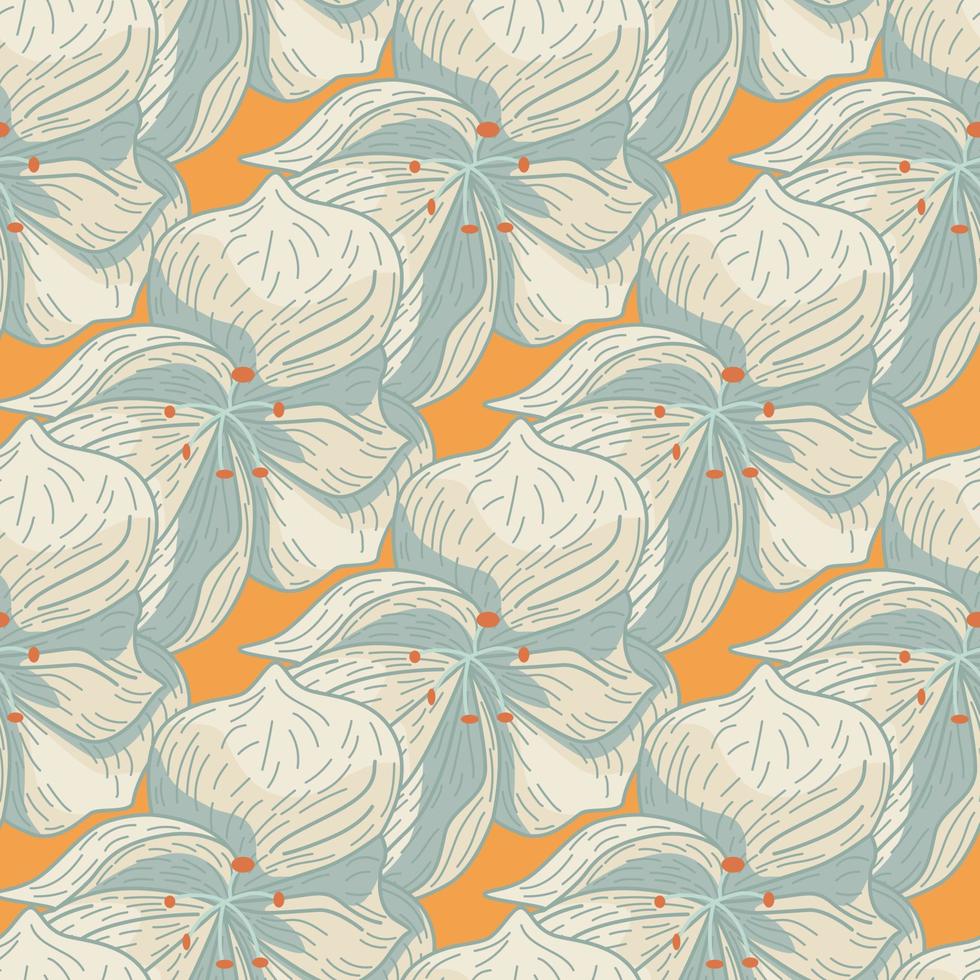 ljusblå orkidé blommor silhuetter seamless mönster. orange bakgrund. dekorativ doodle stil. vektor