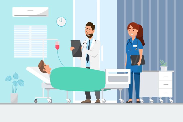 Medizinisches Konzept mit Doktor und Patienten in der flachen Karikatur auf Krankenhaushalle vektor