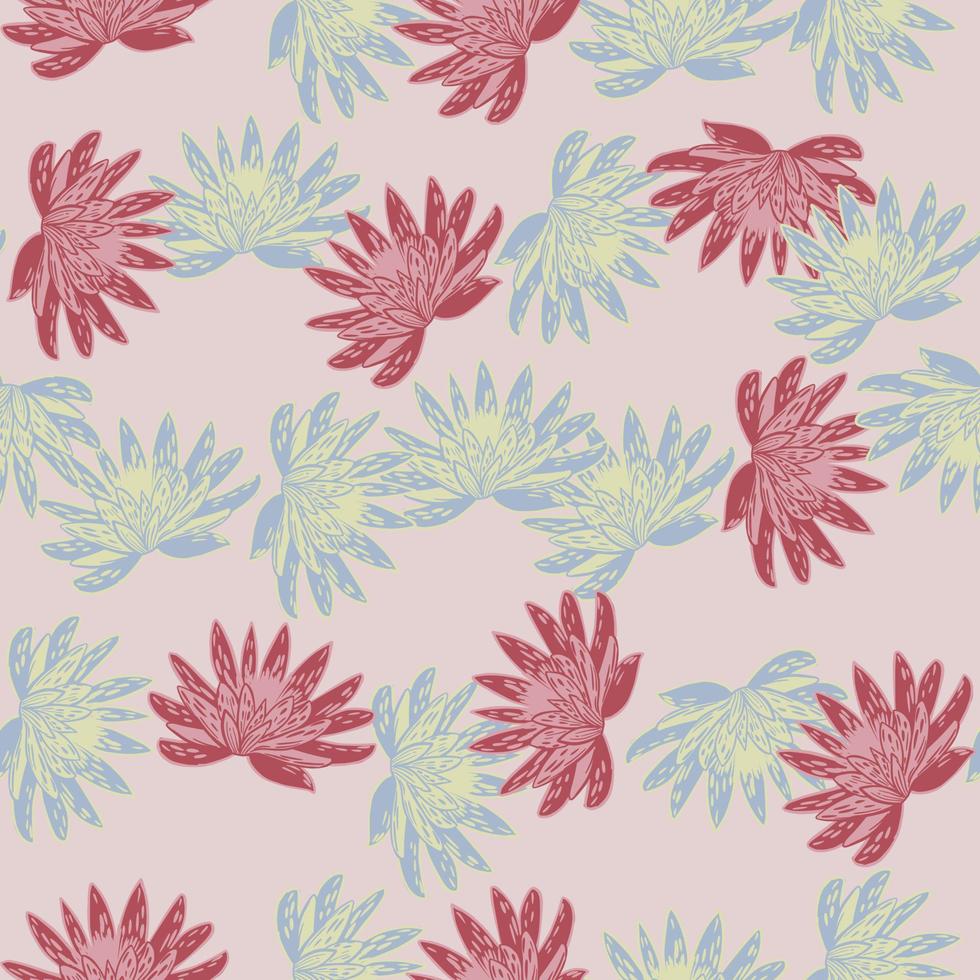 sömlösa mönster med handritning lotus på ljusrosa bakgrund. vektor blommig mall i doodle stil. mild botanisk sommarstruktur.