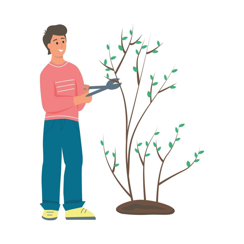 Gartenarbeit auf dem Bauernhof. Ein junger Mann arbeitet im Garten, ein Bauer fällt einen Baum. flache Cartoon-Vektor-Illustration. vektor