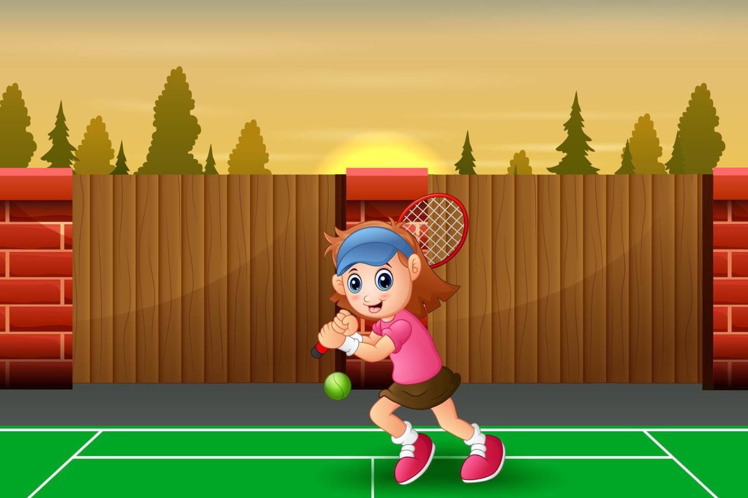 vacker flicka spelar tennis på domstolen vektor