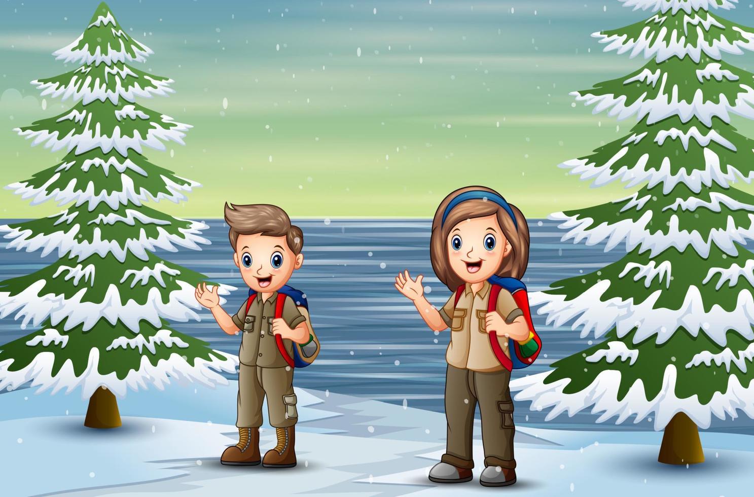scouten utforskar naturen i vinterlandskap vektor
