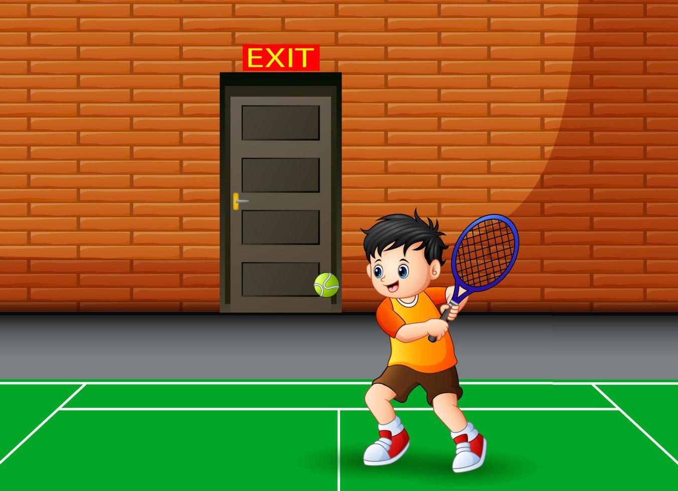 glad pojke spelar tennis inomhus vektor