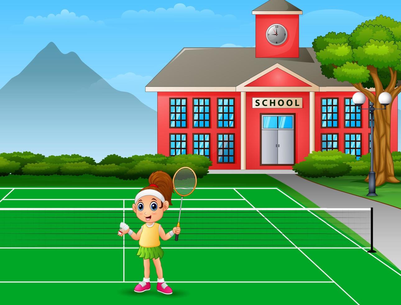 glad tjej spelar badminton på skolans domstol vektor