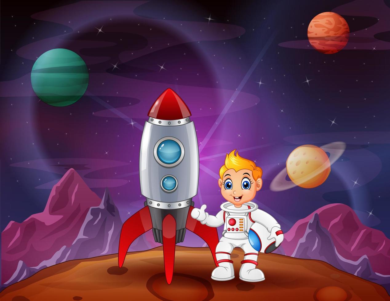 tecknad astronaut pojke håller en hjälm och raket rymdskepp på månen vektor