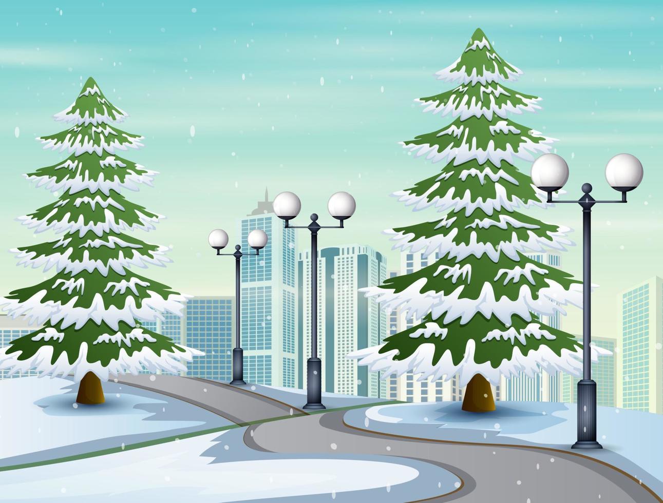 illustration av snöig väg till staden vektor